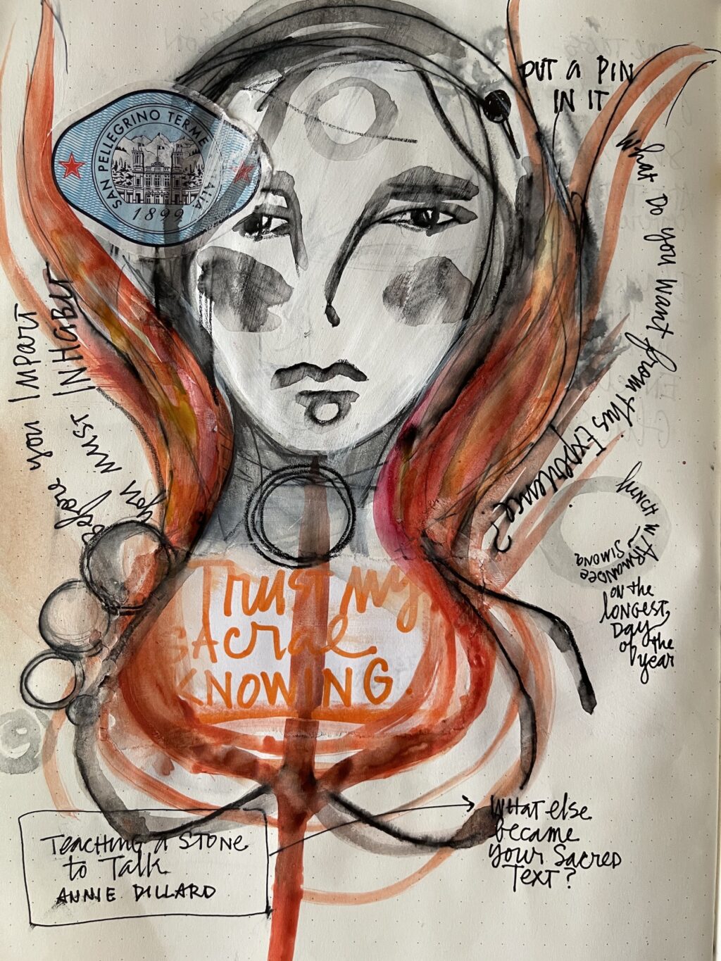 A journal page by Betsy which includes a self-portrait and many orange undertones.